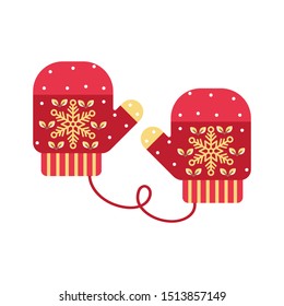 Red mittens. Snowflakes on mittens. Vector illustration
