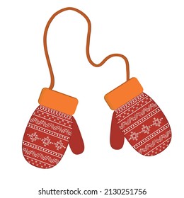 Red mittens. Snowflakes on mittens. Vector illustration.