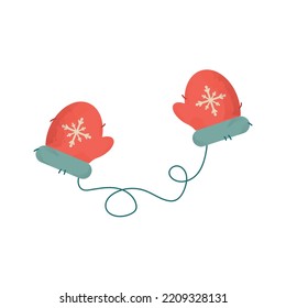 Red mittens. Snowflakes on mittens. Vector illustration of cute pair of gloves for Christmas prints, stickers, banners. Clipart.
