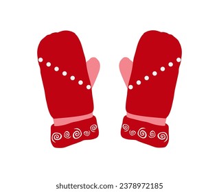 Los mitones rojos. Espirales en mitones. Ilustración vectorial. Diseño plano. Aislado sobre fondo blanco.