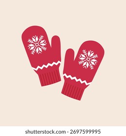 Red mittens with traditional snowflakes pattern. Warm winter accessory. Hand drawn vector illustration isolated on white background, flat cartoon style.