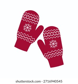 Mitones rojos con el patrón tradicional de los copos de nieve. Cálido accesorio de invierno. Ilustración vectorial dibujada a mano aislada en el fondo blanco, estilo plano moderno de la historieta.
