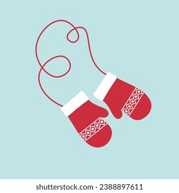 Red mittens with white patterns flat illustration vector isolated on colored background. Women and girl winter accessories