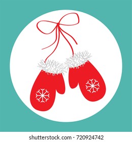 Red mittens in white round