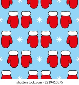 Red mittens and white snowflakes on blue background. Seamless vector pattern. Christmas background for festive designs, textile prints, wrappings, decorations, banners, cards, and invitations.