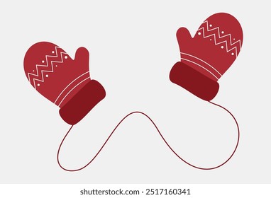 Red mittens with winter pattern. Warm accessory for winter. Decorative element  for Christmas design. Vector illustration