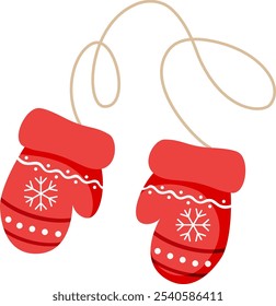 Mitones rojos con patrón de invierno. Accesorio cálido para el invierno. Elemento decorativo para diseño de Navidades. Ilustración vectorial de dibujo a mano