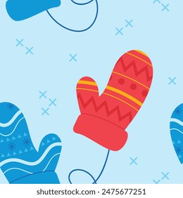 Red mittens yellow stripes blue mittens snowflakes pattern. Winter glove isolated white background blue strings. Colorful mitten cold season, apparel accessories vector