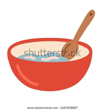 Red mixing bowl with spoon in flat style, suitable for kitchen tools, winter baking design, and cozy cooking illustrations.