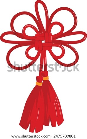 Red mizuhiki knot vector graphic isolated white background. Traditional Japanese cord tying art gift decoration illustration. Mizuhiki ribbon red tassels celebration card design