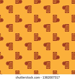 Red Mobile Apps and gear icon isolated seamless pattern on brown background. Adjusting app, service concept, setting options, maintenance, repair, fixing. Vector Illustration