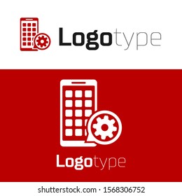 Red Mobile Apps and gear icon isolated on white background. Adjusting app, service concept, setting options, maintenance, repair, fixing. Logo design template element. Vector Illustration