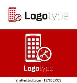Red Mobile Apps with screwdriver and wrench icon isolated on white background. Adjusting, service, setting, maintenance, repair, fixing. Logo design template element. Vector Illustration