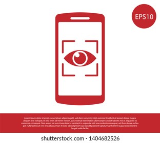 Red Mobile phone and eye scan icon isolated on white background. Scanning eye. Security check symbol. Cyber eye sign. Vector Illustration