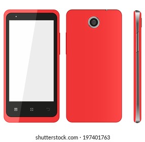 Red mobile phone. Front view, behind, sideways. Vector illustration