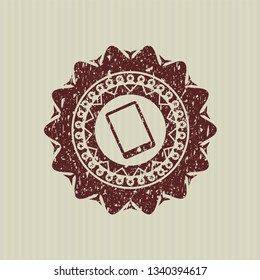 Red mobile phone icon inside distress rubber stamp with grunge texture