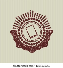 Red mobile phone icon inside distress rubber grunge texture seal