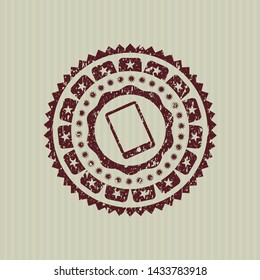 Red mobile phone icon inside distressed grunge style stamp