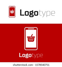 Red Mobile phone and shopping basket icon isolated on white background. Online buying symbol. Supermarket basket symbol. Logo design template element. Vector Illustration