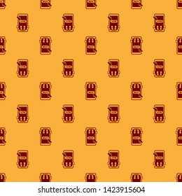 Red Mobile phone and shopping cart with striped awning icon isolated seamless pattern on brown background. Online buying symbol. Supermarket basket symbol. Vector Illustration