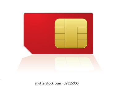 Red mobile phone sim with reflection in white background