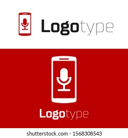 Red Mobile recording icon isolated on white background. Mobile phone with microphone. Voice recorder app smartphone interface. Logo design template element. Vector Illustration