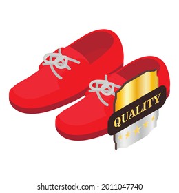 Red moccasins icon isometric vector. Female red suede shoe with laces. Quality five star sign