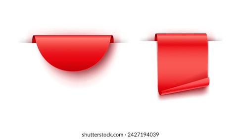 Red mockup promo tags realistic vector illustration set. Sale advertising sticker banners 3d models on white. Semi-circle and rolled ribbon