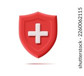 Red modern 3D shield with a white cross. Healthcare concept. An element for the layout design of hospitals and pharmacies.