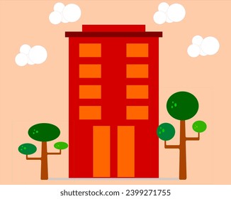 red modern building with tree and clouds vector illustration