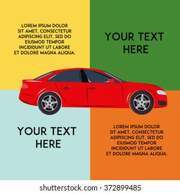 Red modern car and copy space for text. Vehicle infographics. Minimal flat vector illustration