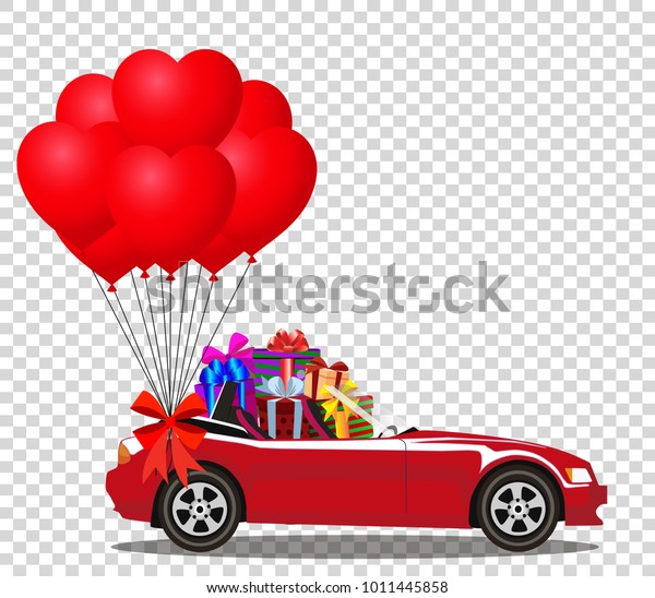 Red modern cartoon cabriolet car full of gift boxes and\
bunch of red helium heart shaped balloons with festive ribbon\
isolated on transparent background. Sports car. Vector\
illustration. Clip art. 