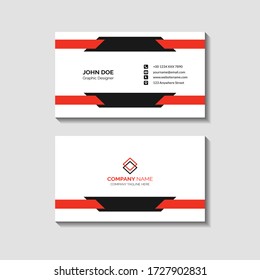 Red modern creative business card design and name card, horizontal simple clean template vector design with black color, layout in rectangle size.