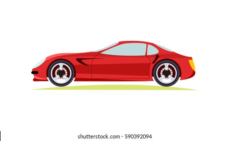 Red modern fast sports car on white background vector illustration. New luxurious and special design for car lovers automobile of future for everyone. Two wheels side door window and lights are shown