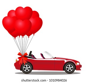 Red modern opened cartoon cabriolet car with bunch of red helium heart shaped balloons with festive bow isolated on white background. Sports car. Vector illustration. Clip art. 