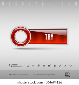 Red modern plastic button with circle on the gray background. Vector design element.