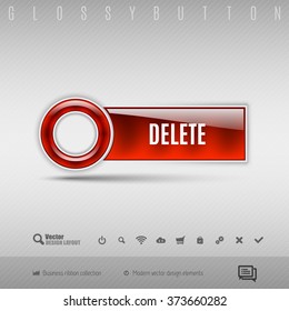 Red modern plastic button on the gray background. Vector design element.