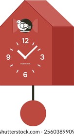 red modern scandinavian cuckoo clock. contemporary time measuring device isolated on transparent background. neat vector illustration of pendulum clock. nowadays interior design element.