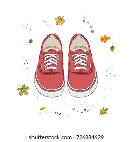 Red modern sneakers. Shoes on the background of autumn leaves and drops of watercolor. Hand drawn vector illustration on a white background.