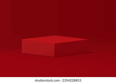 Red modern squared 3d podium pedestal advertising promo platform for fashion show realistic vector illustration. Trendy minimalist geometric stand for cosmetic product presentation empty showroom