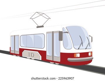 red modern tram in town