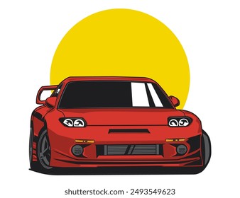 red modification car in 90s illustration vector style graphic