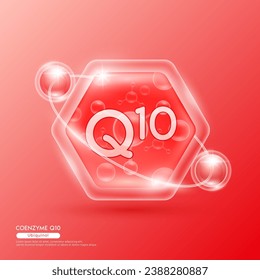 Red molecule atom Coenzyme Q10 or Ubiquinol in hexagon. Surrounded by collagen solution hyaluronic acid serum and moisturizer. Essential to the health skin care. For cosmetic beauty nutrition. Vector.