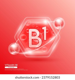 Red molecule atom vitamin B1 in hexagon. Surrounded by collagen solution hyaluronic acid serum and moisturizer. Essential to the health skin care. For cosmetic beauty nutrition. Vector EPS10.