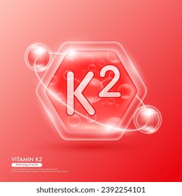 Red molecule atom vitamin K2 in hexagon. Surrounded by collagen solution hyaluronic acid serum and moisturizer. Essential to the health skin care. For cosmetic beauty nutrition. Vector EPS10.