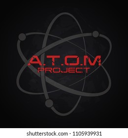 Red molecule on a dark background, minimalism. Scientific background. Text Project atom, logo for scientific / research company.