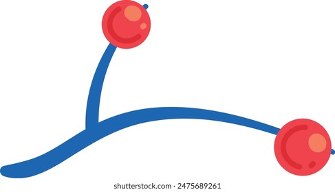 Red molecule structure illustration two red spheres connected blue lines. Abstract colorful representation chemical bond components showing simplified atom model. Sciencerelated graphic design