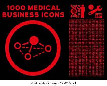 Red Molecule vector rounded icon. Image style is a flat icon symbol inside a circle, black background. Bonus clipart contains 1000 medicine business elements.
