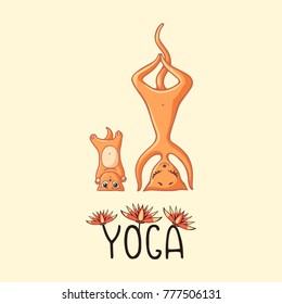 Red Mom-cat with a baby kitten doing yoga with the inscription and lotuses. Vector image of hand-drawn cartoon style.