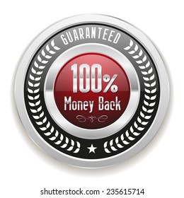 Red money back badge with silver border on white background